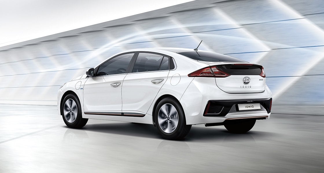Side rear view of white Ioniq electric with aerodynamic design